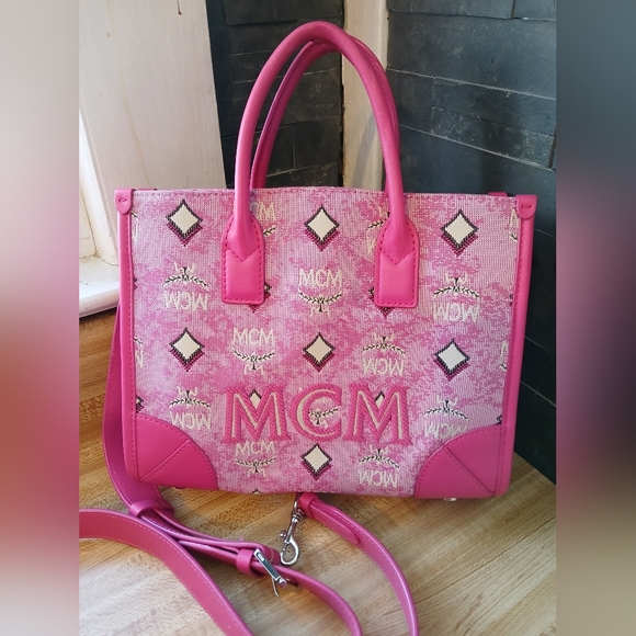 MCM Pink Denim EUC Tote W/Guitar Strap - Picture 2 of 8